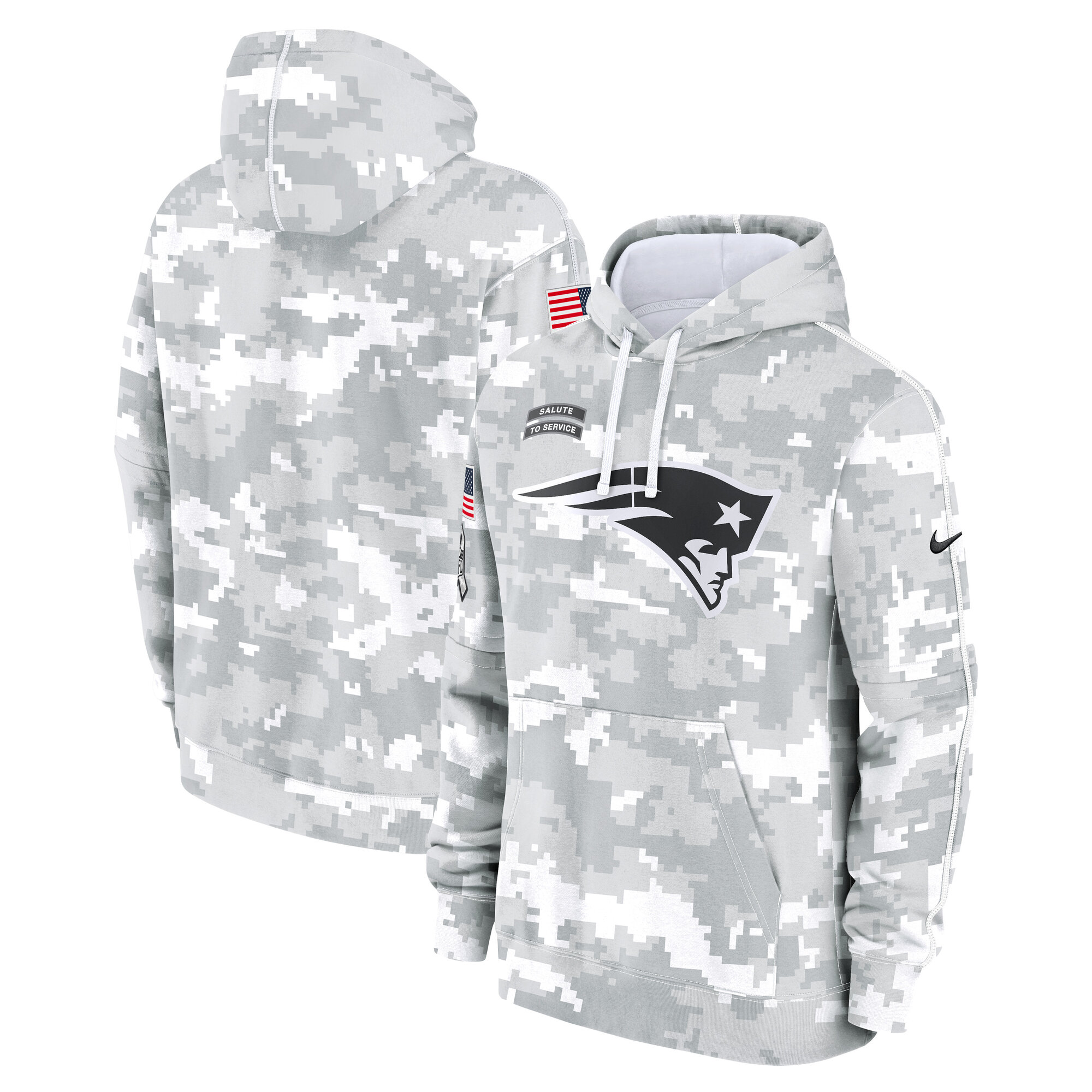 Men's New England Patriots Nike Arctic Camo 2024 Salute to Service Club Fleece Pullover Hoodie